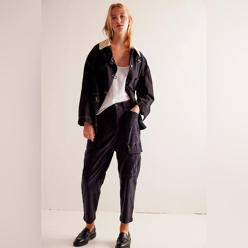 Free People Bay To Breakers Black Corduroy Jeans Pants High Rise Relaxed Fit Sm